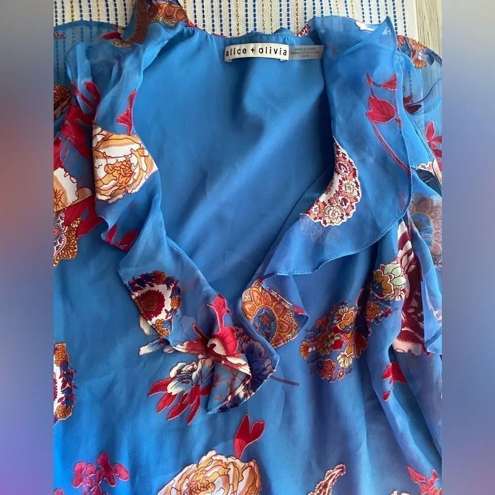 Alice + Olivia Mini Dress Sz XS Blue And Red Floral Cold Shoulder Long Sleeves - Picture 10 of 12